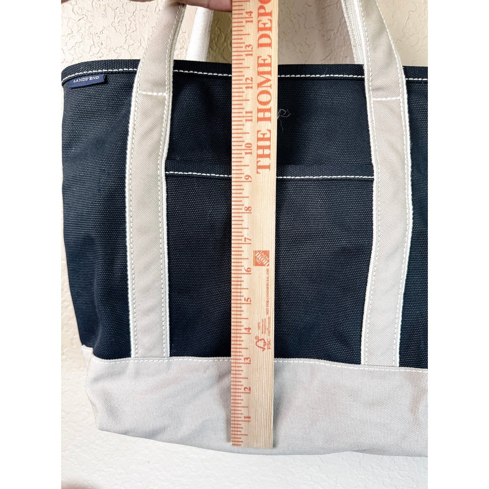 Lands' End Zip Top Boat Tote Canvas Black Natural Large Travel Work Beach Bag - Picture 6 of 15